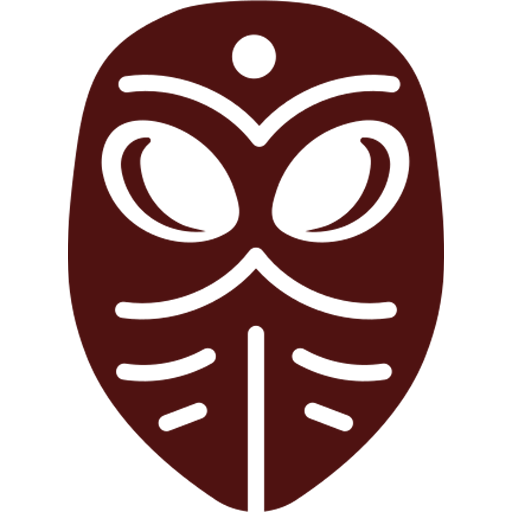 Stylized tribal mask design featuring large eyes and intricate patterns, symbolizing cultural expression and artistic heritage.