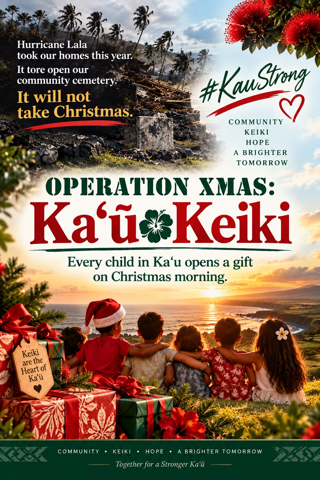Operation Xmas: Kaʻū Keiki flyer. Hurricane Lala took our homes this year, it will not take Christmas. Every child in Kaʻū opens a gift on Christmas morning. #KauStrong